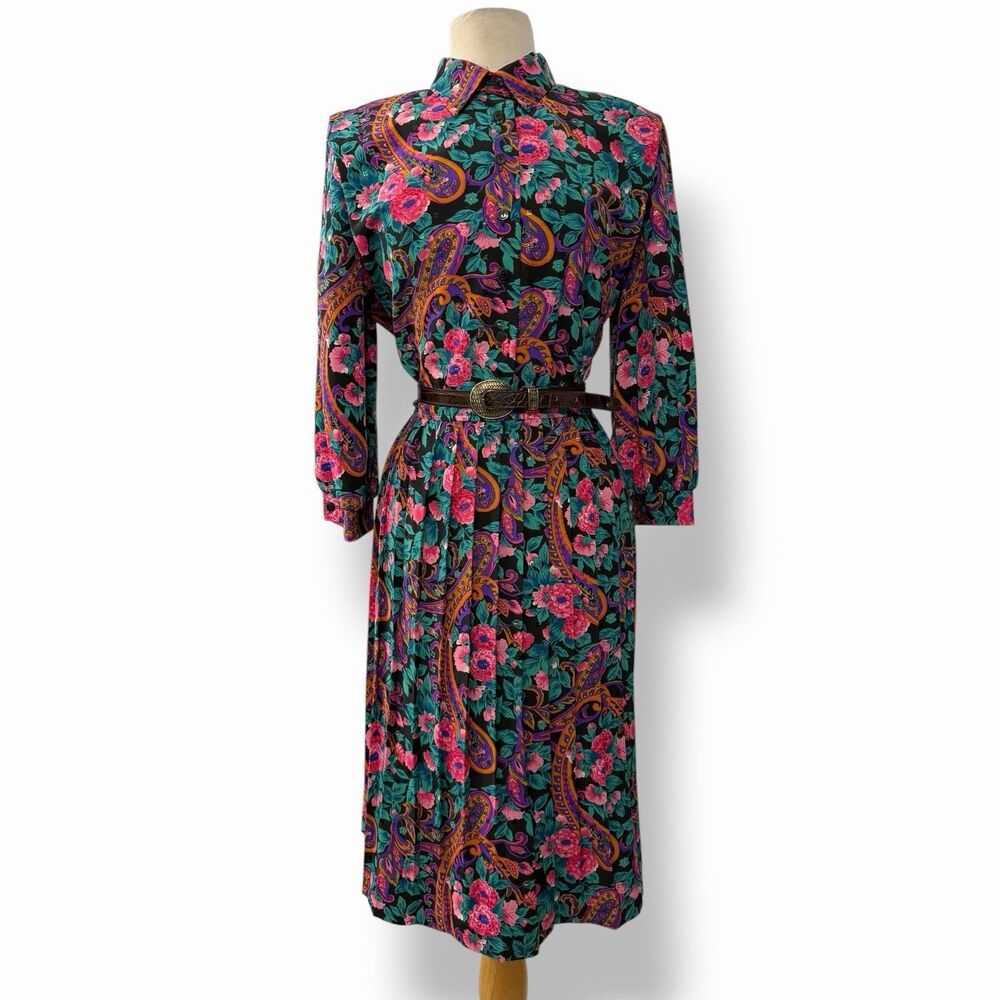 Vintage 80s Lady Carol Paisley Floral Pleated Secretary Midi Dress Size 16